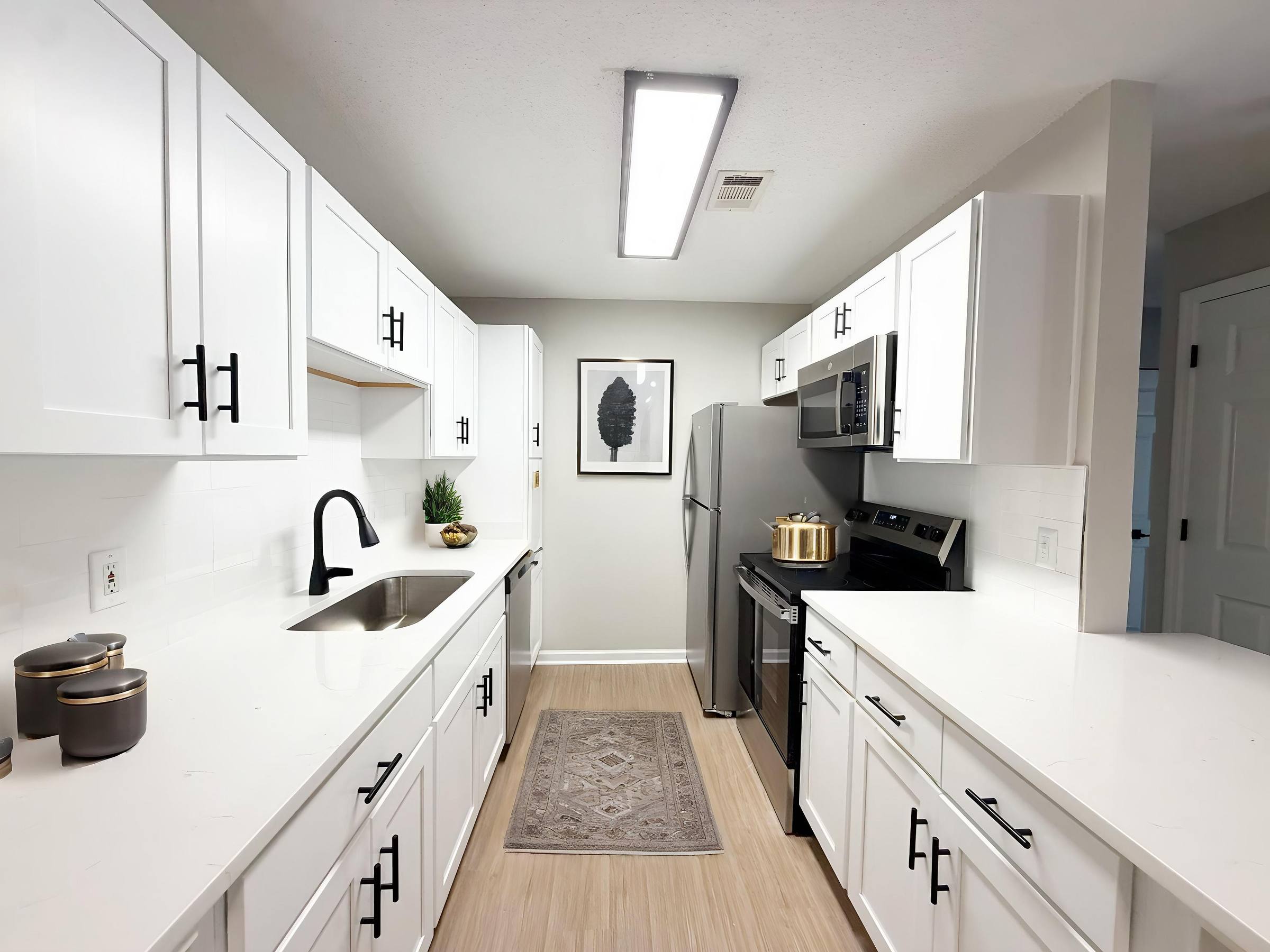 Modern kitchen with white cabinets, stainless steel appliances, and a framed leaf print on the back wall.