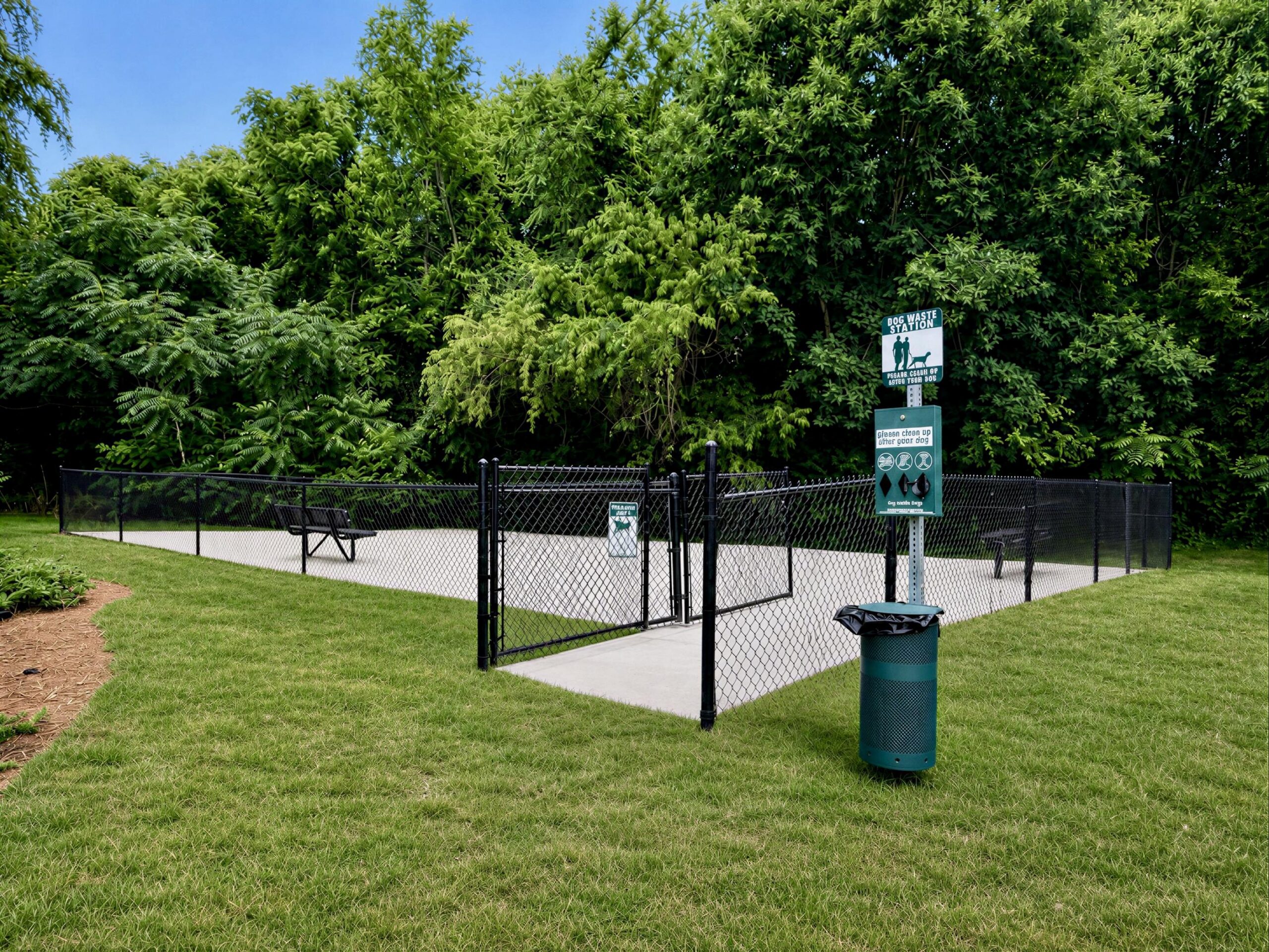 A fenced dog park with benches, waste bags, and trash can, surrounded by green grass and trees.