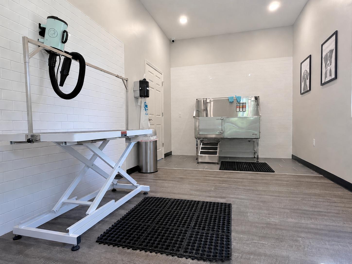 A clean, modern pet grooming room with a grooming table, tub, hose, and pet photos on the wall.