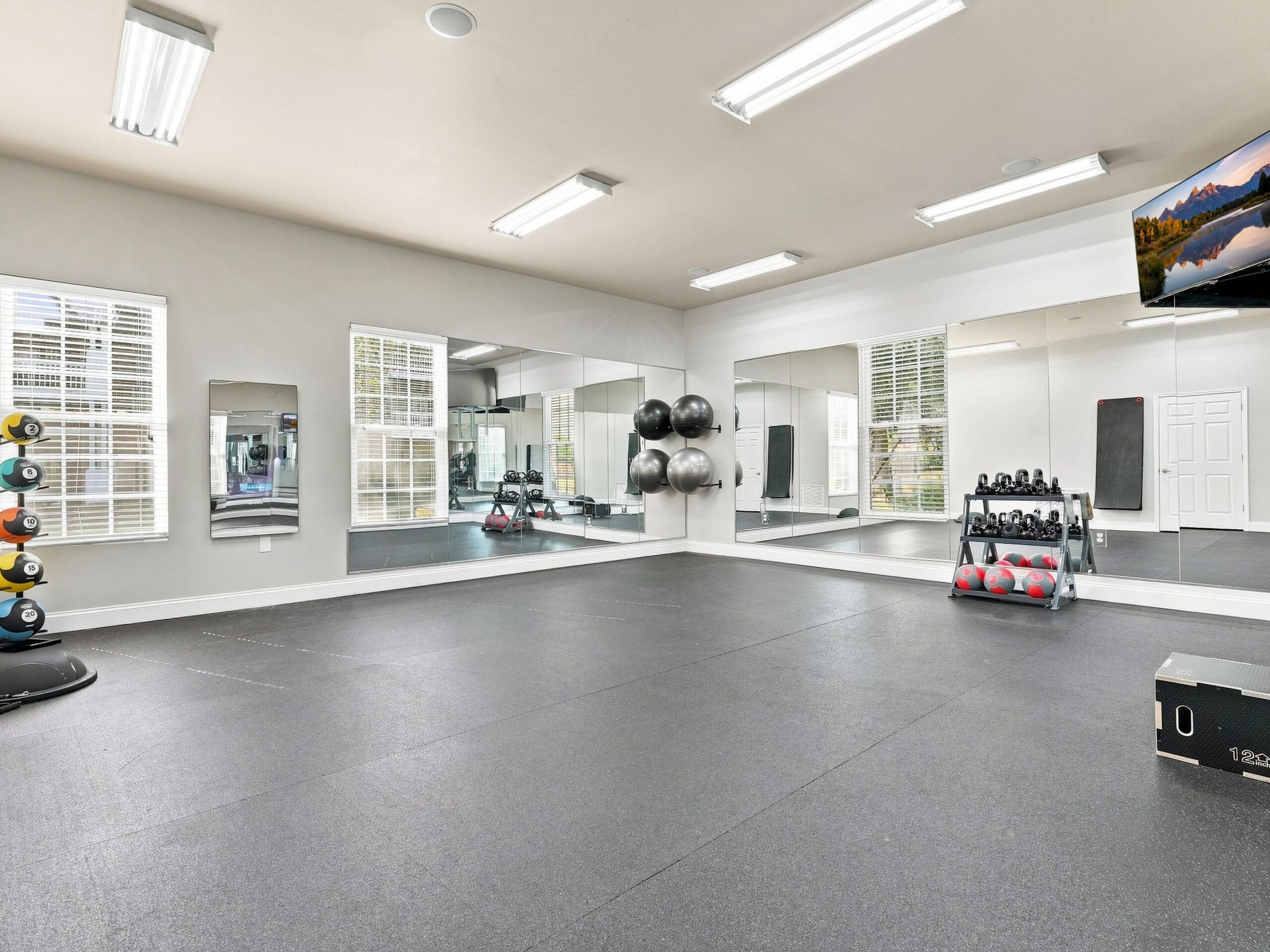 Bright home gym with large mirrors, free weights, exercise balls, mats, and a TV mounted on the wall.